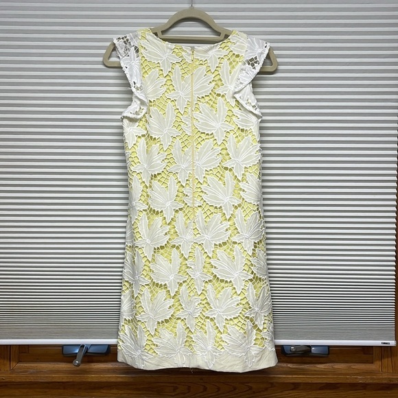 Tahari Petite White and Yellow Ruffle Sleeve Floral Embroidered Sheath Dress - Picture 7 of 9